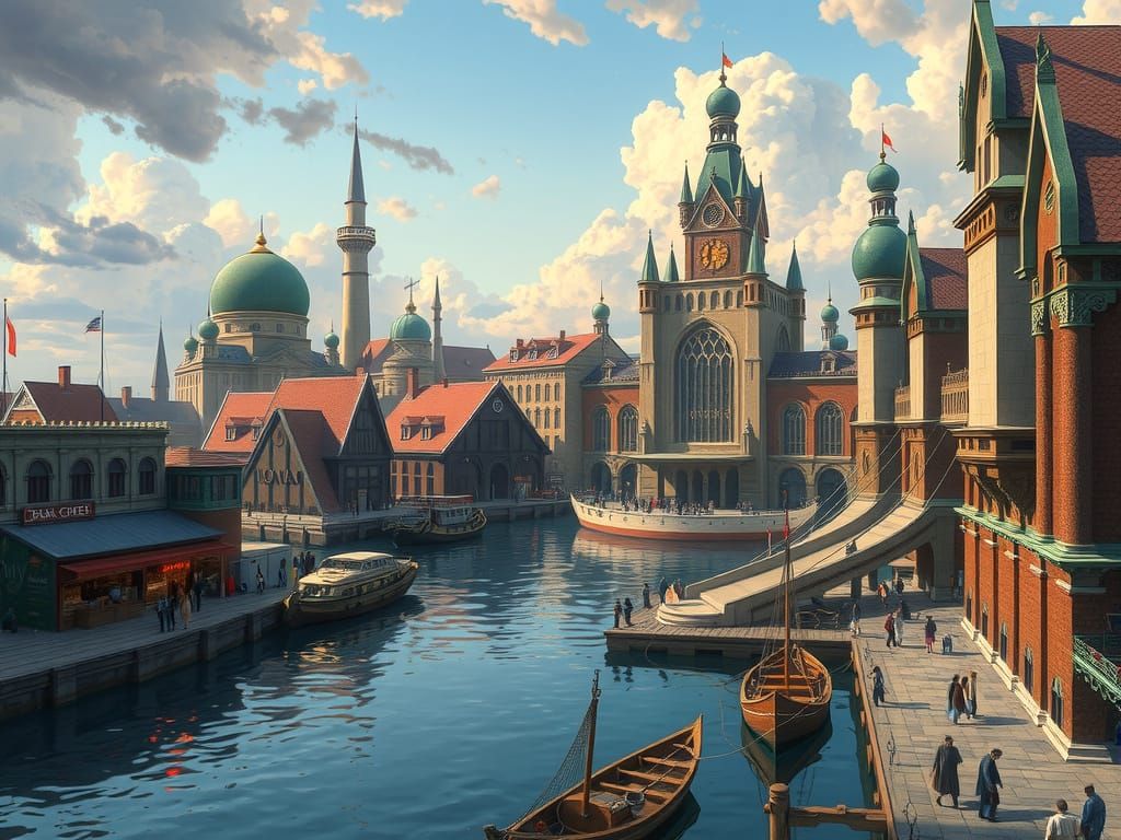 Fantasy Metropolis with Bustling Port