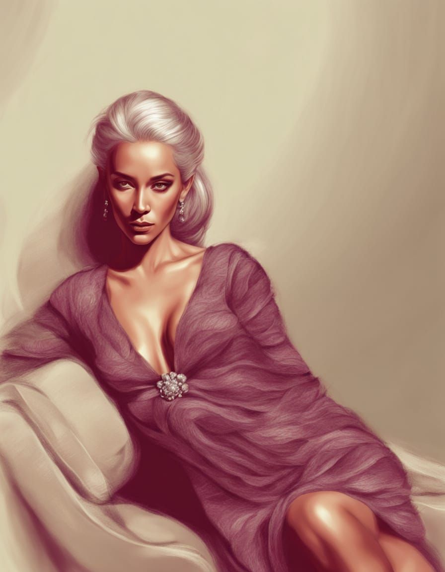 A Sensual Silver-Haired Siren in Pencil Sketch Style