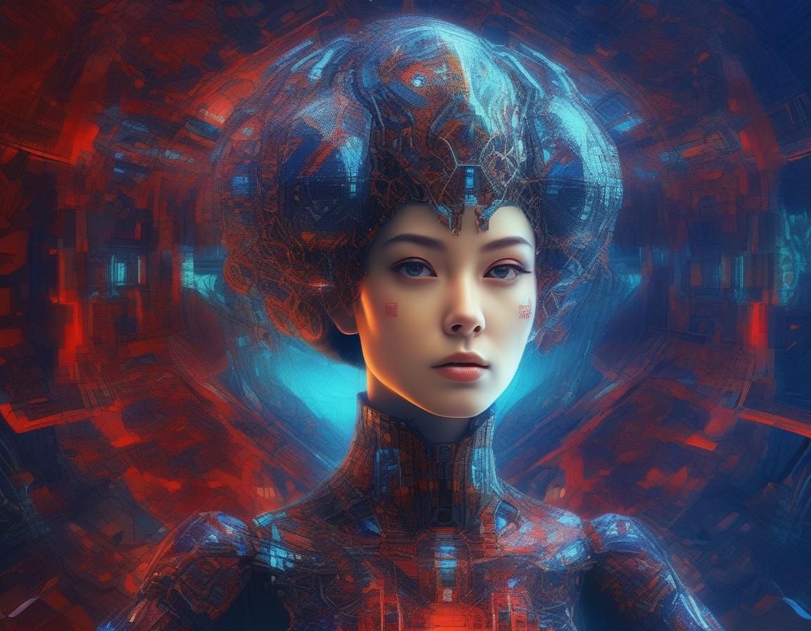 Cyberpunk Anime Girl Emerging from Tesseract Fractal