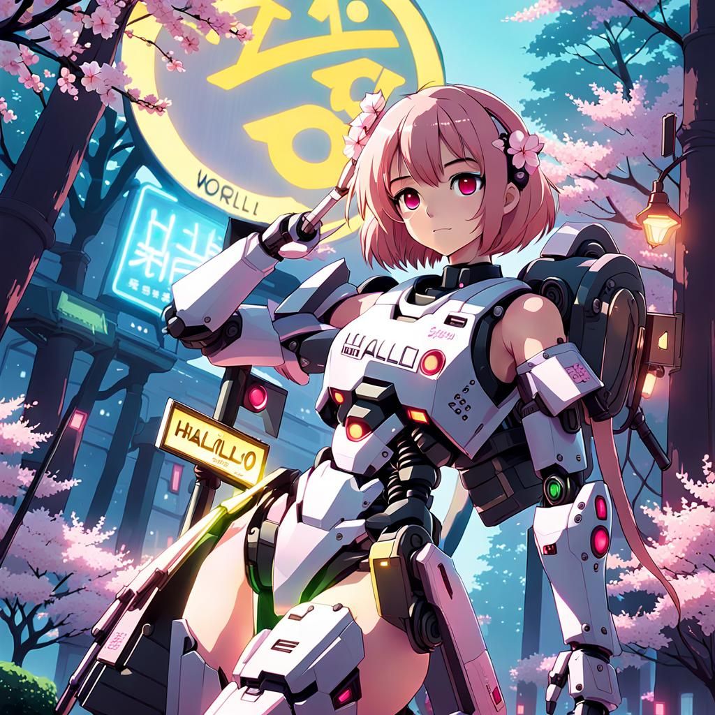 Cute Anime Robot Girl with Sign in Vaporwave Style