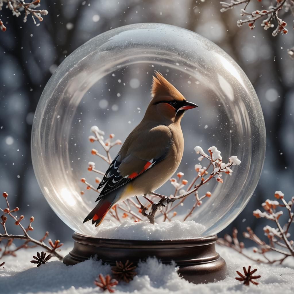 European Waxwing Bird in Snow Globe: Black Light Art