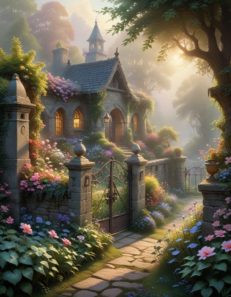 Enchanted Secret Garden Behind Stone Wall