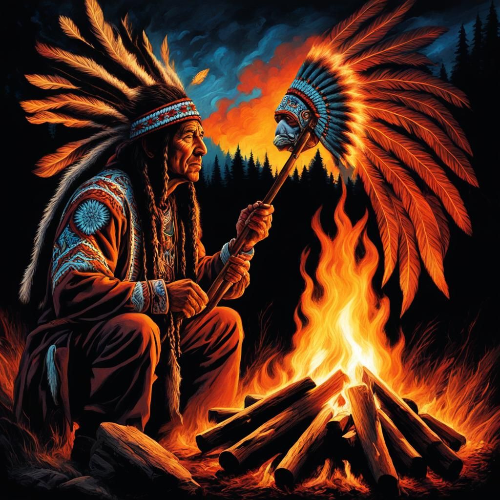 Native American Shaman Consulting Ancestors, Alcohol Inks Ar...