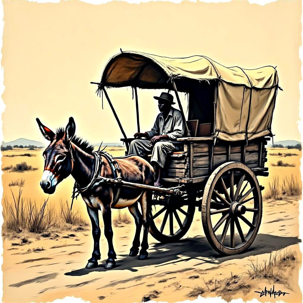 South African Donkey Cart in Expressive Charcoal Style