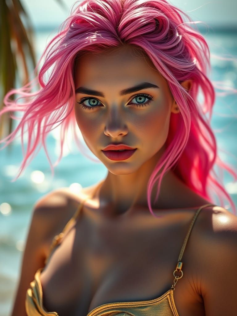 Cute Girl with Pink Hair on Lush Beach