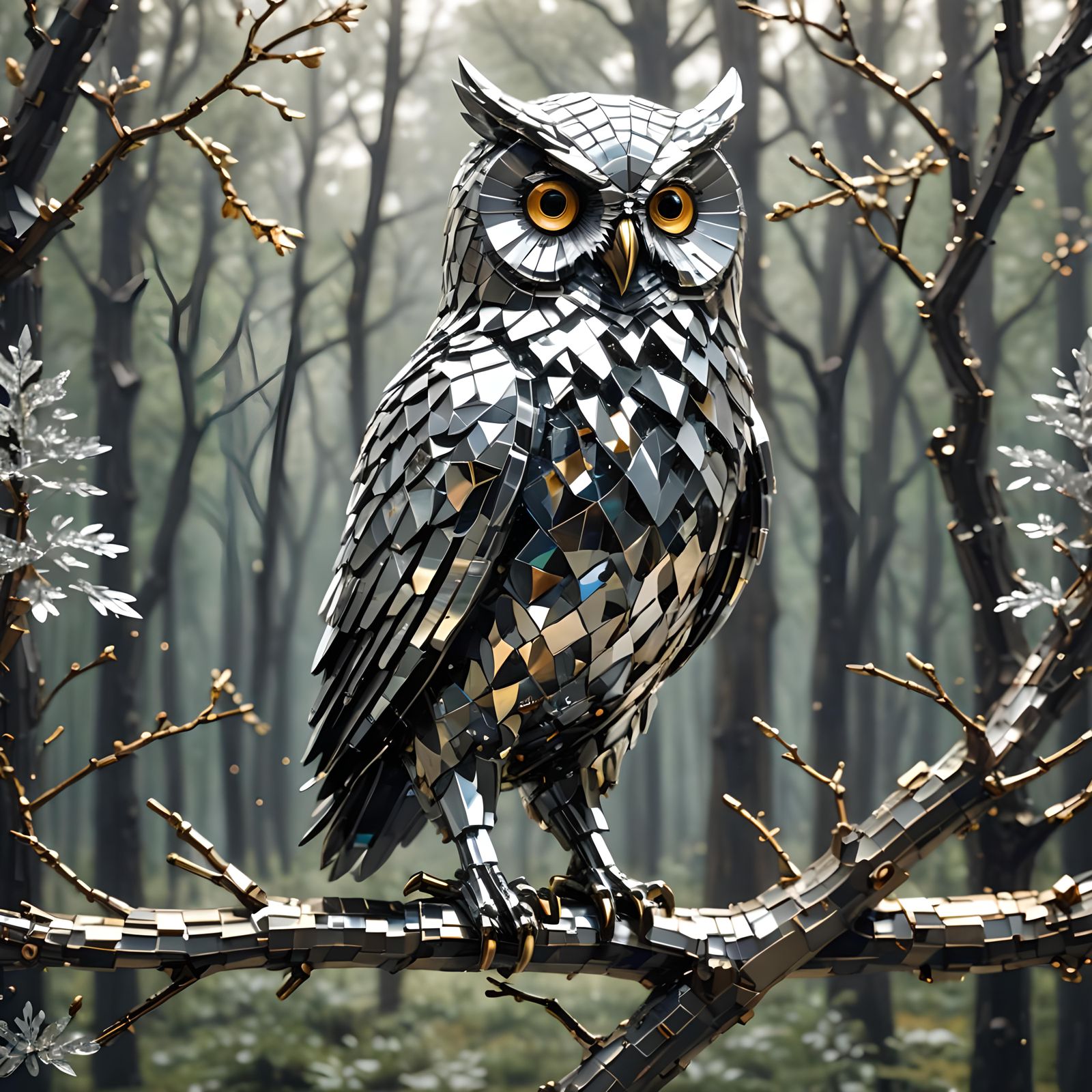 Metallic Crystal Owl Shattering into Fragments