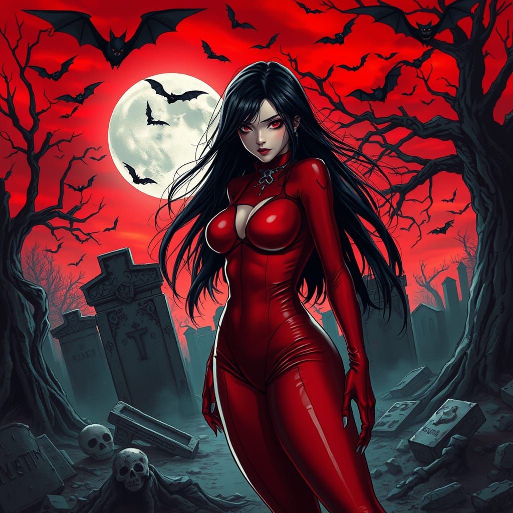 Gothic Anime Vampire Goddess in Crimson Latex Amidst Dark Ce...