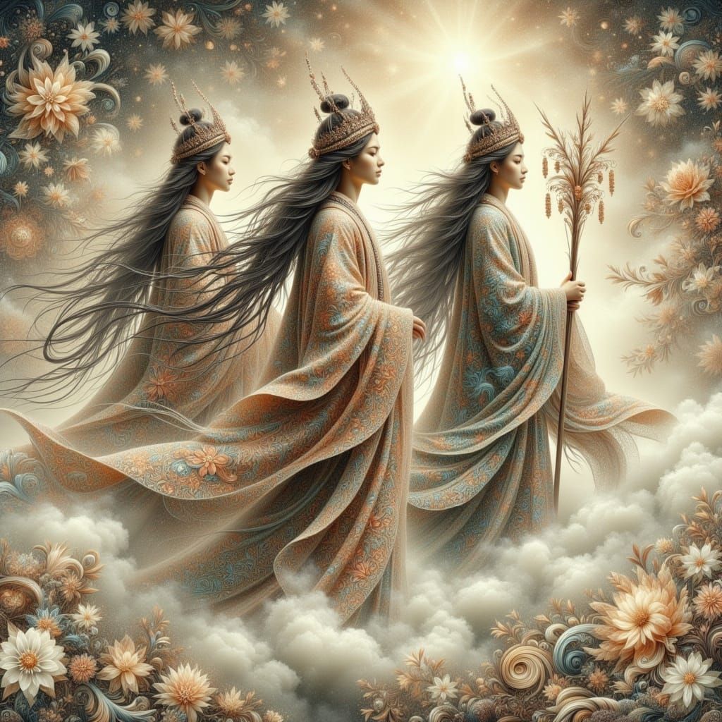 Shinto Deities in Japanese Ink Painting Style