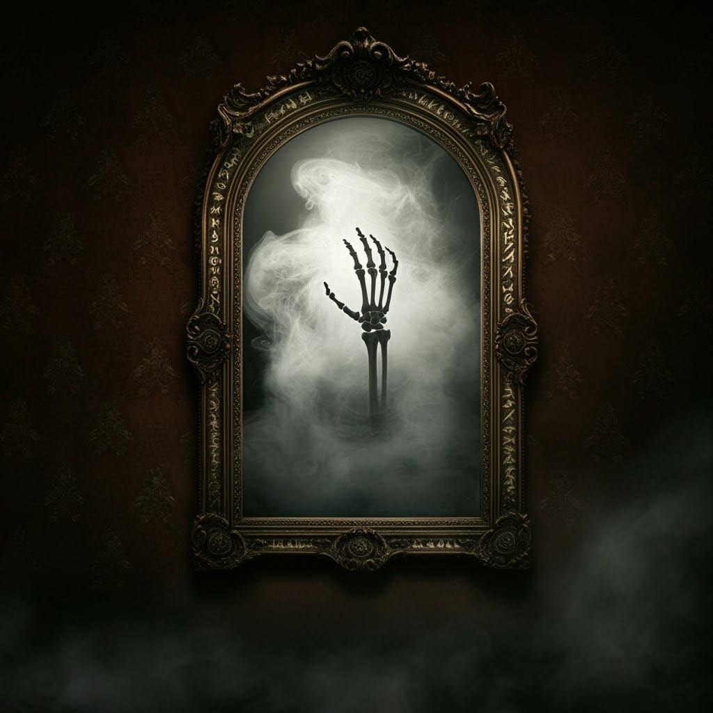 Eerie Mirror with Skeletal Hand in Dark Fantasy Style