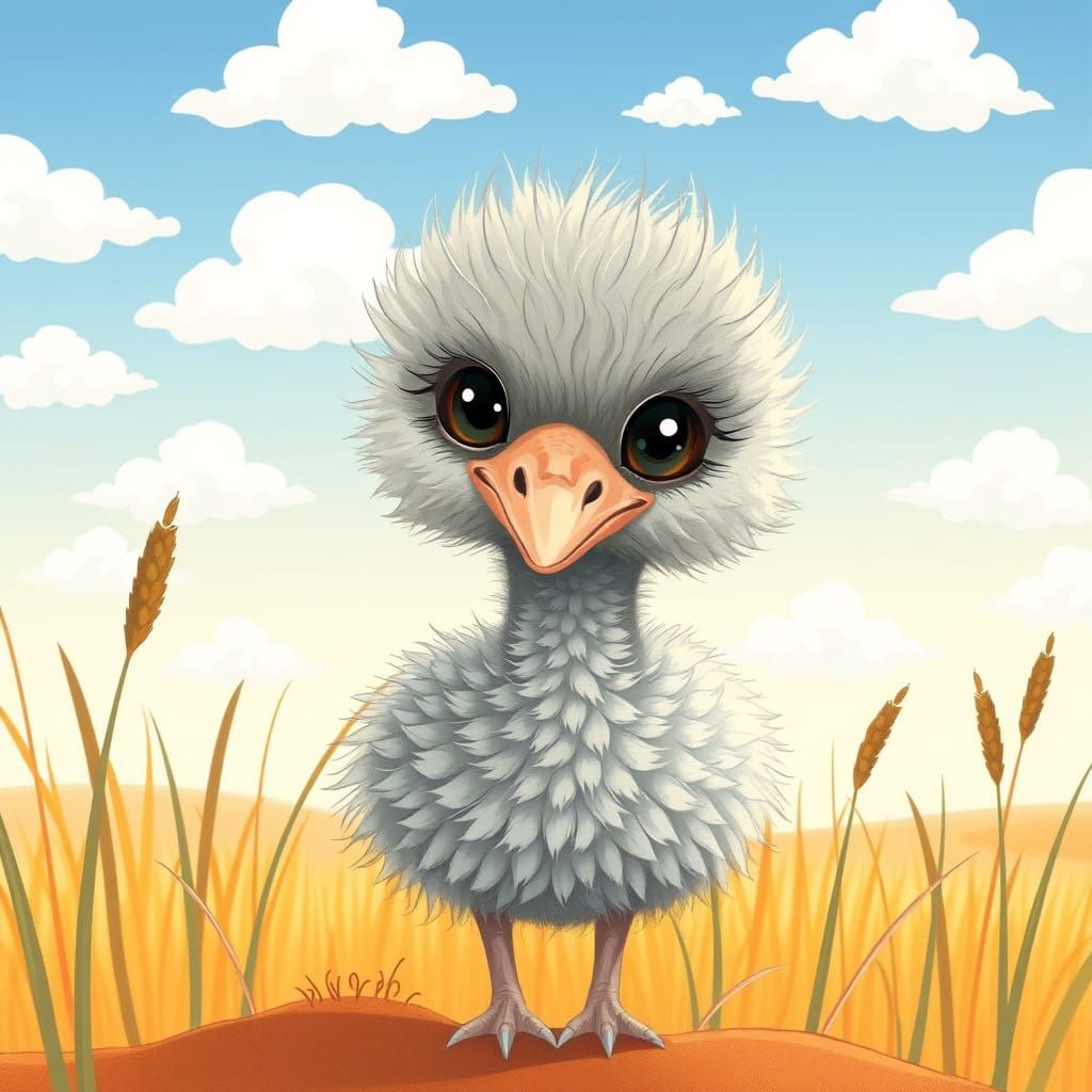 Whimsical Ostrich Chick in Kawaii Style