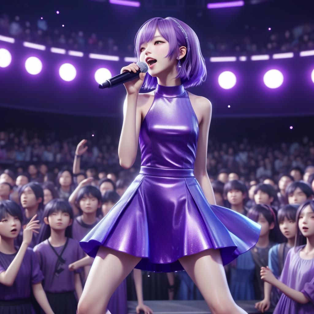 Anime-Style Rock Singer in Purple Dress