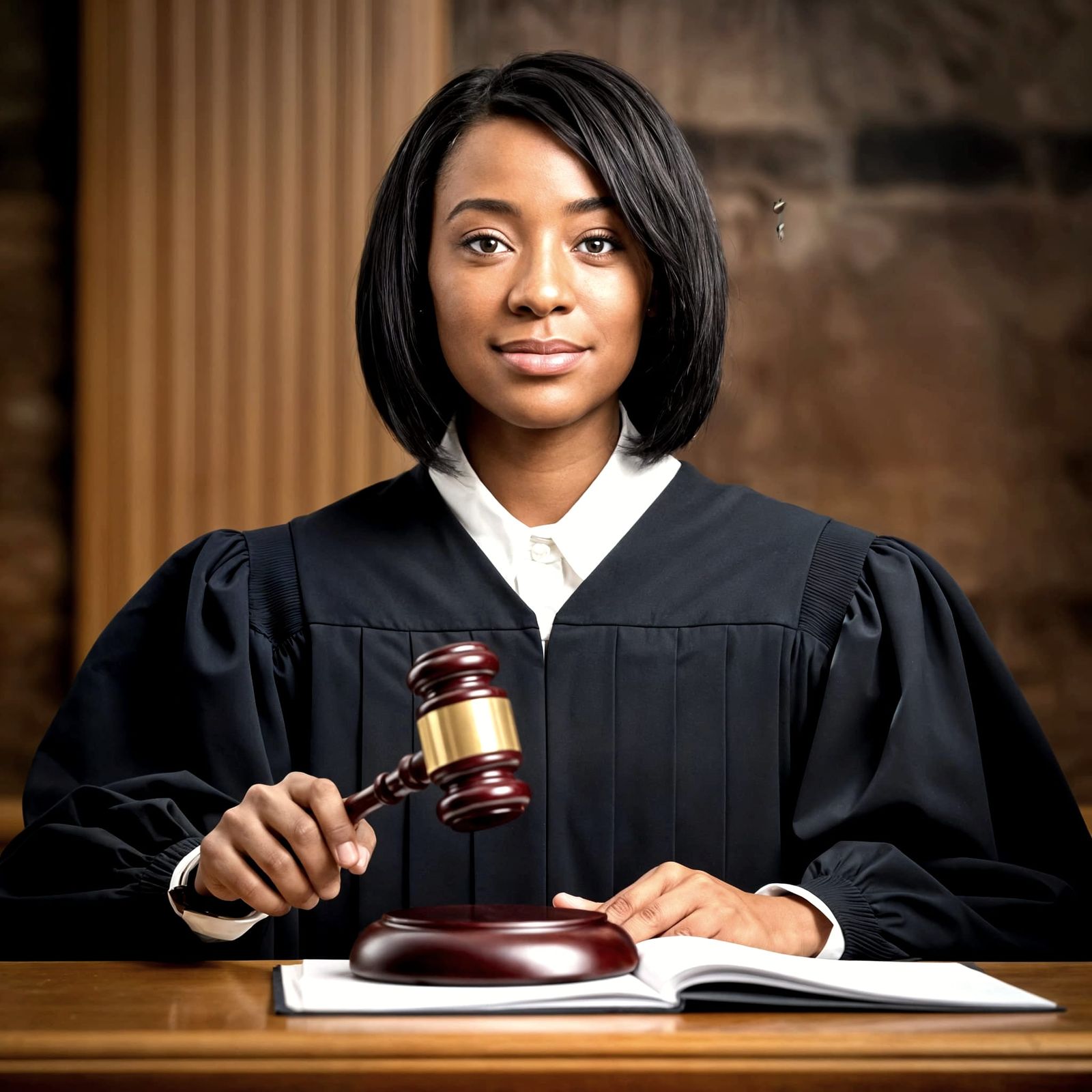 Young African American Judge Holds Gavel with Poise