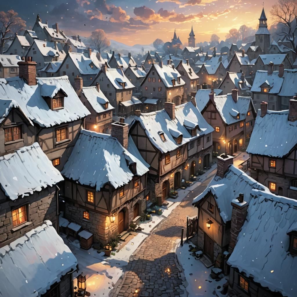 Winter Village Rooftop View with Ethereal Glow