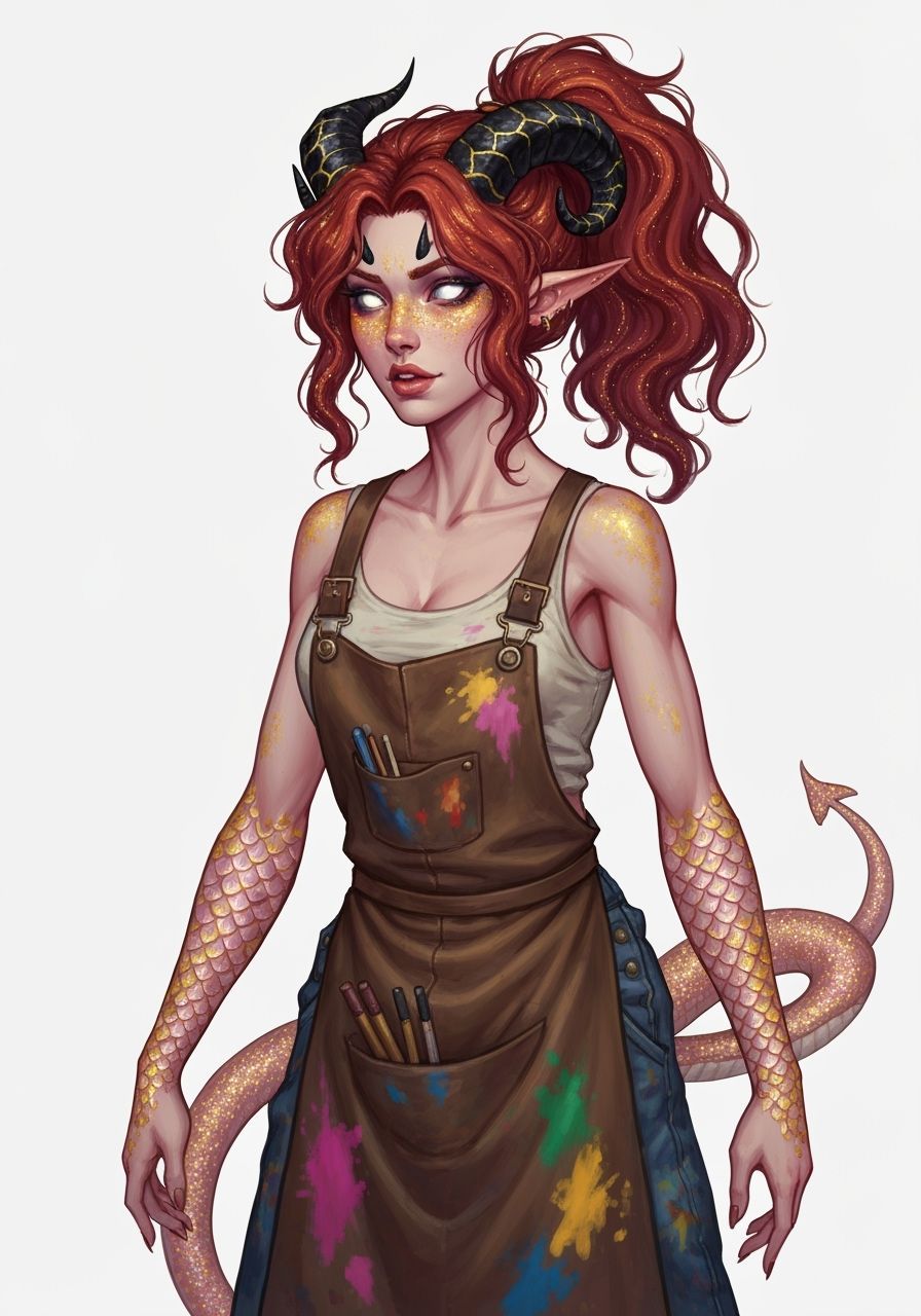 Tiefling Painter with Auburn Hair and Gold Freckles