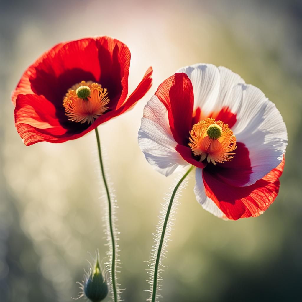 Backlit Macro Photograph of Red and White Poppies
