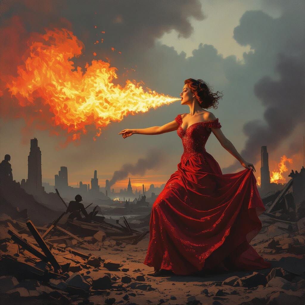 Female Artist Breathes Fire on WWII Battlefield Displaying A...