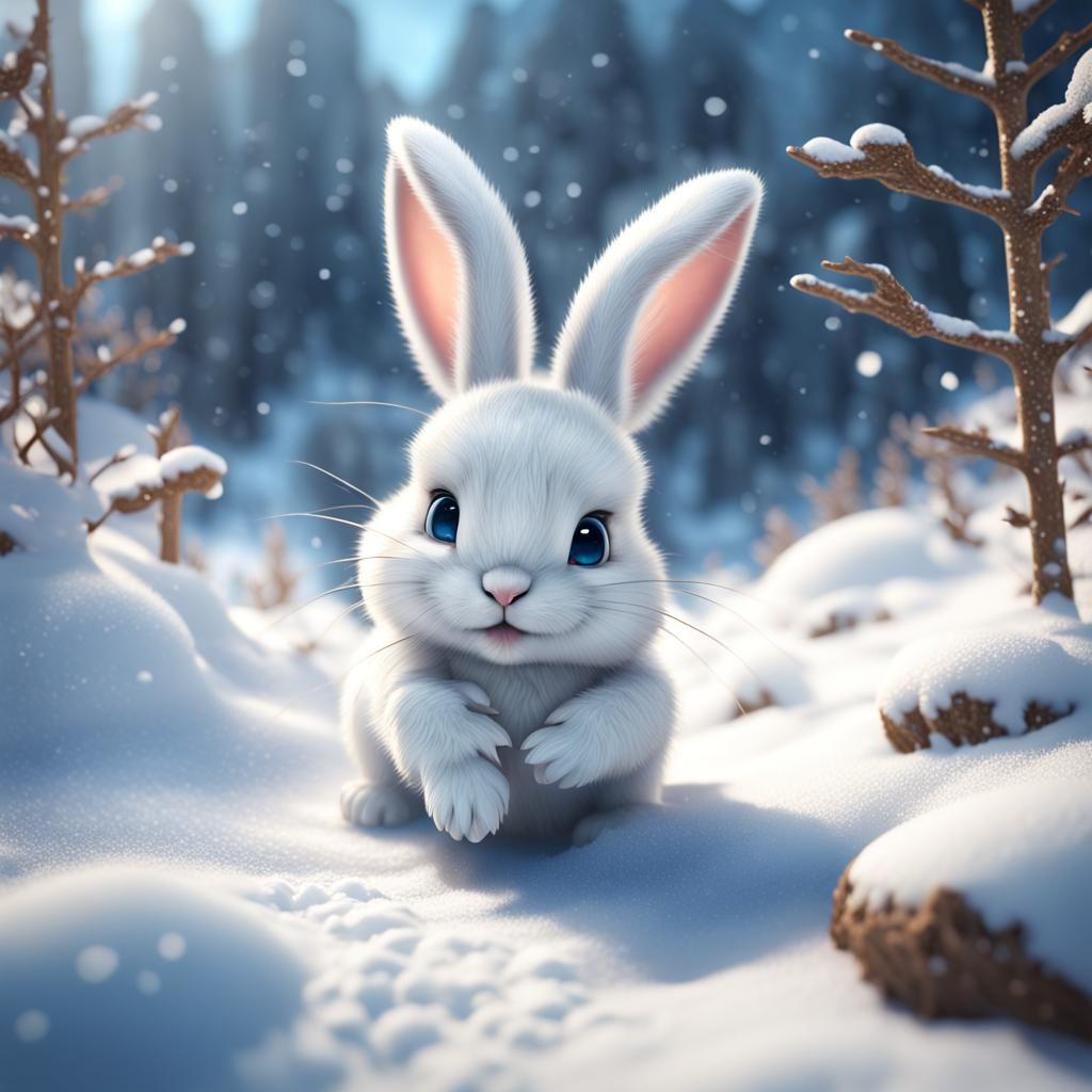 Cute White Bunny in Snow: Detailed Digital Painting