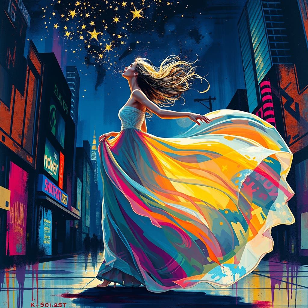 Ethereal Night Goddess in Vibrant Cityscape