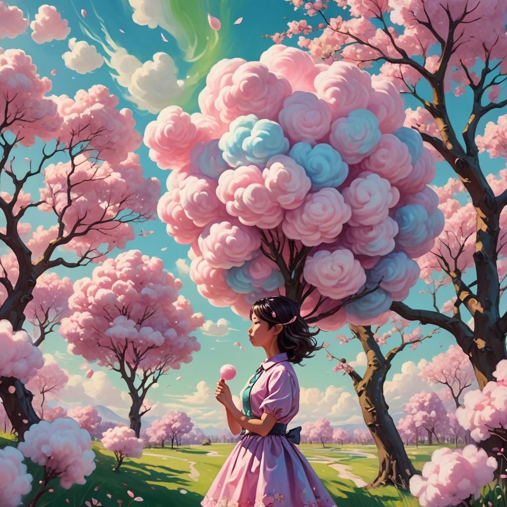 Girl with Cherry Blossom Cotton Candy, Digital Art