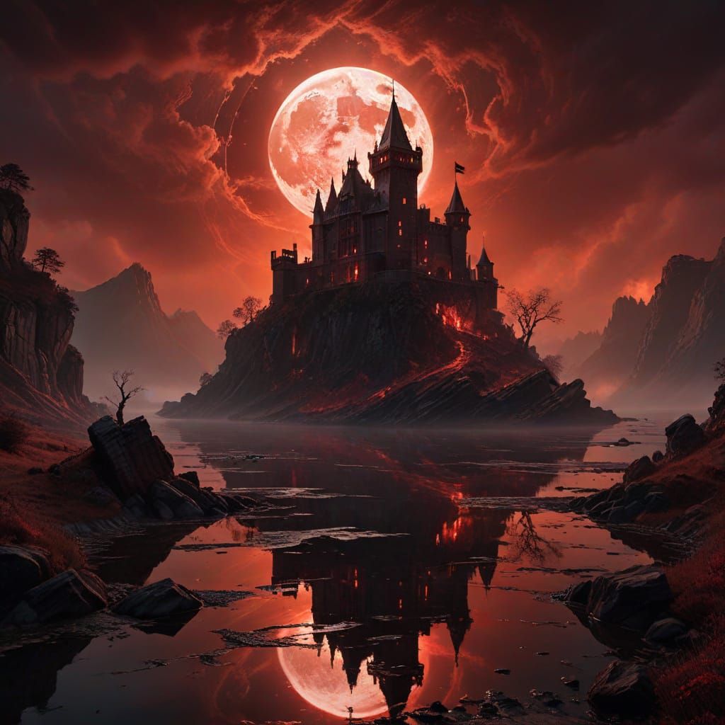 Bloodmoon Castle at Crimson Lake: Gothic Fantasy Scene