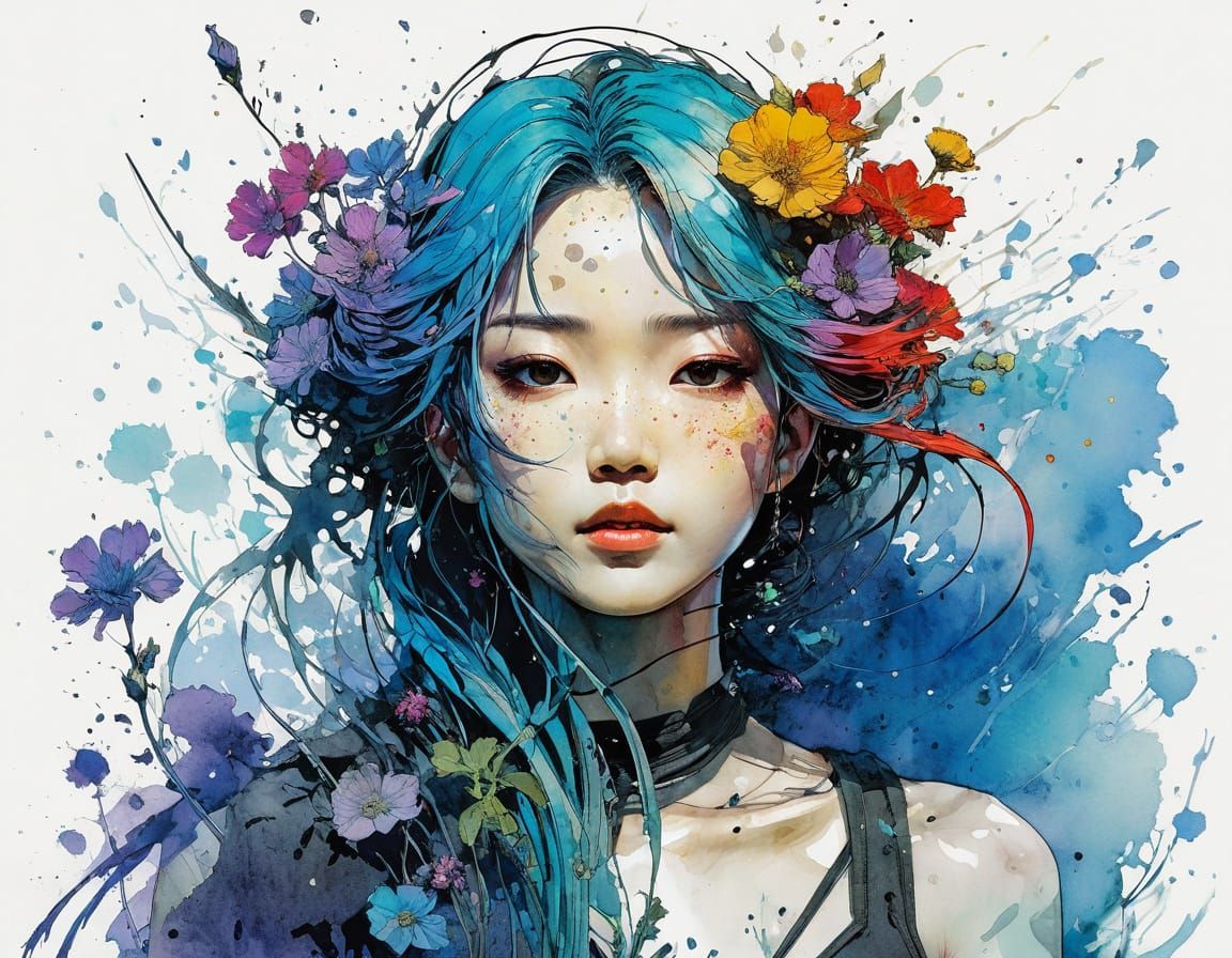 Rainbow Haired Woman in Detailed Digital Illustration