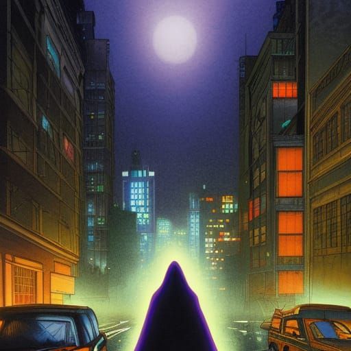 Cloaked Figure in Rainy City, Comic Book Art