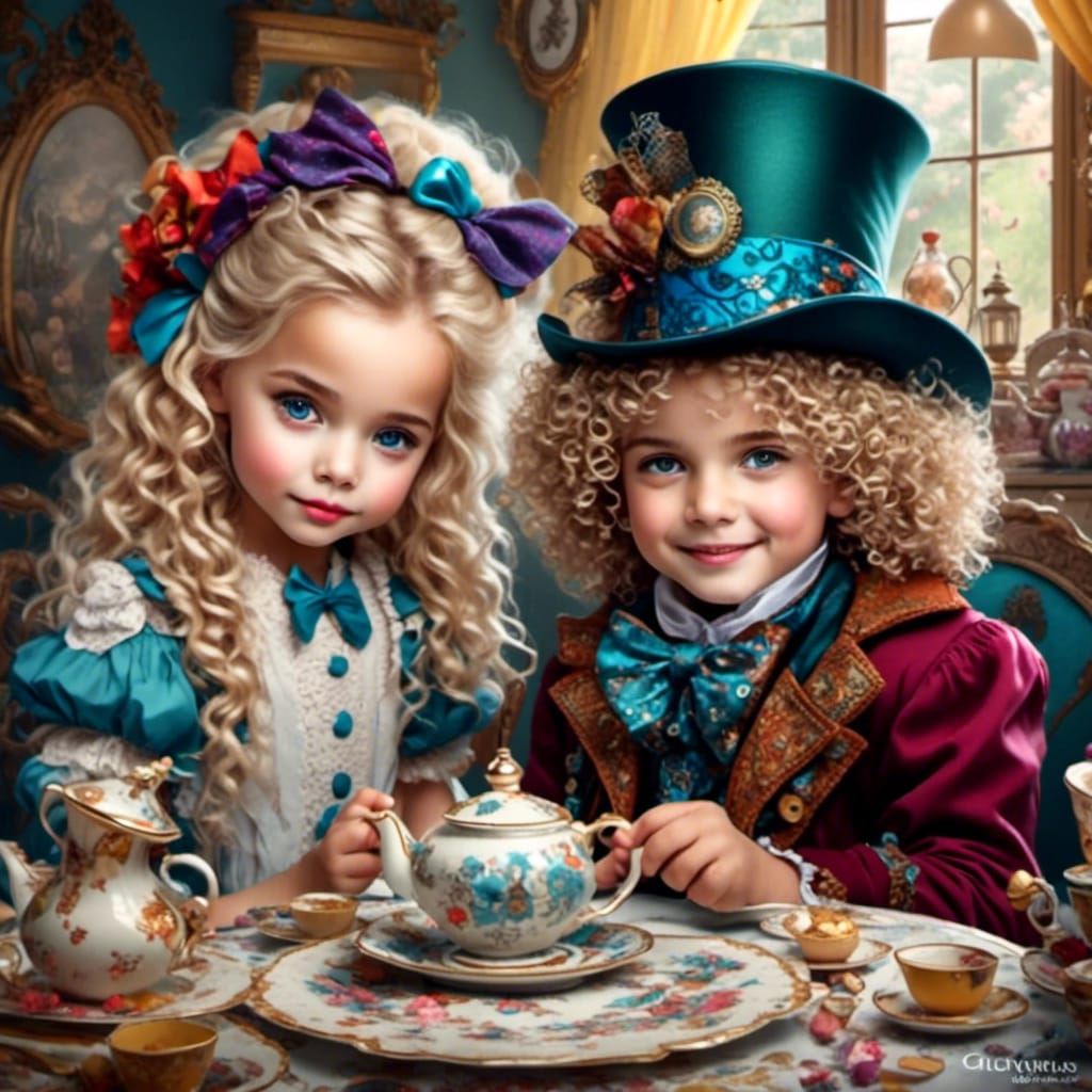 Tea Party with Mad Hatter in Mixed Media