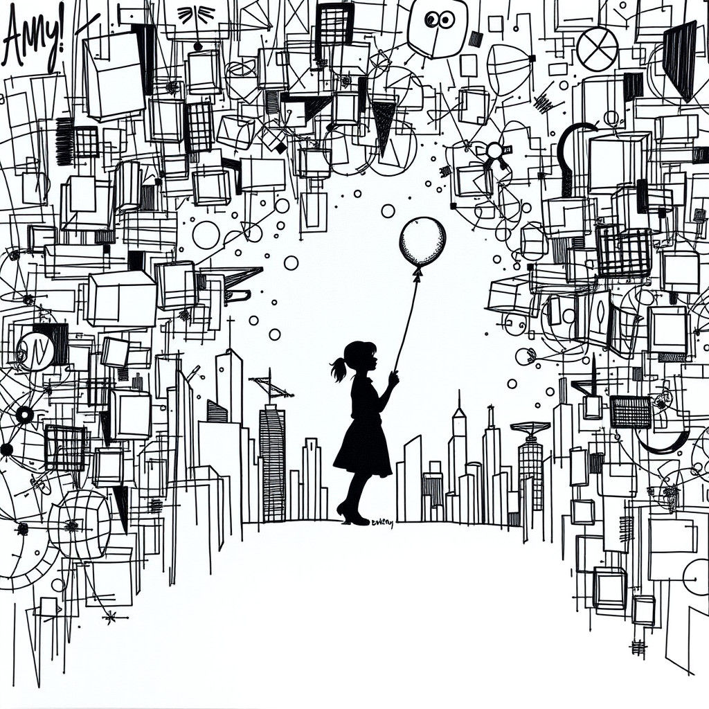 Banksy's Girl with Balloon in Cubist-Futurist Doodle