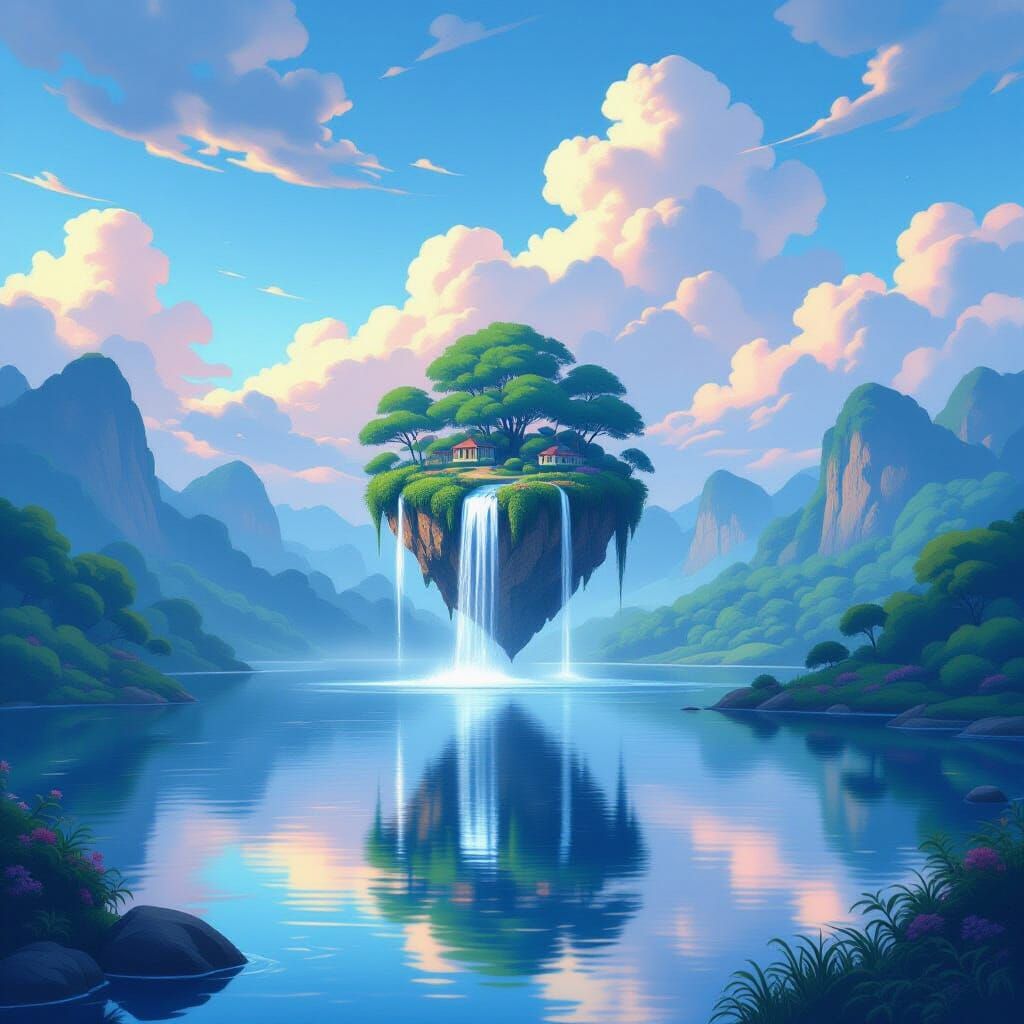 Floating Island Pond with Waterfall in Ethereal Style