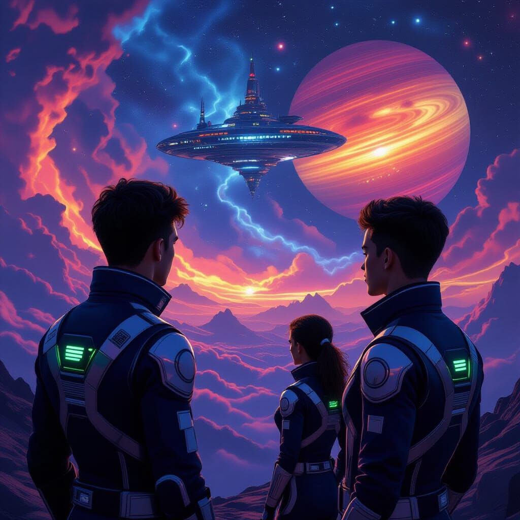 Sci-Fi Crew Gazes at Nebula & Space Station