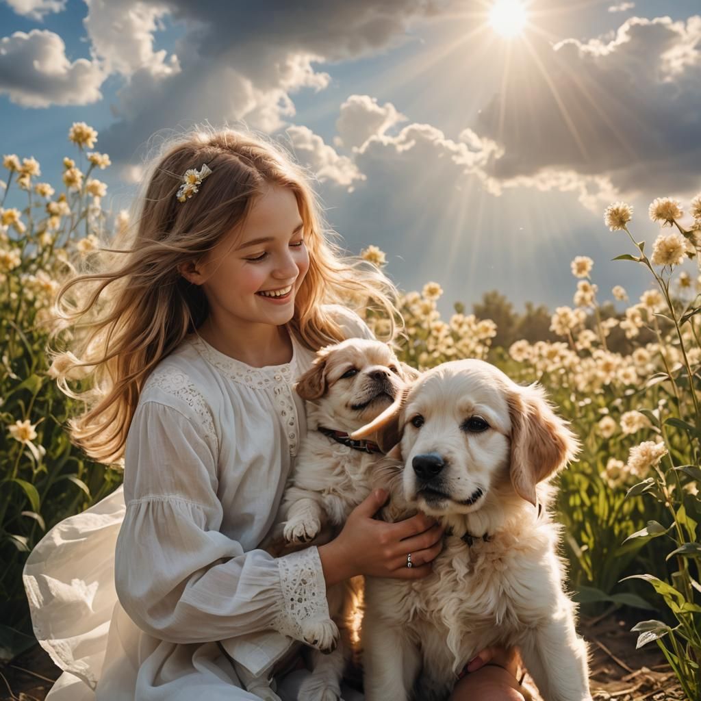 Radiant Girl with Puppy in Divine Light