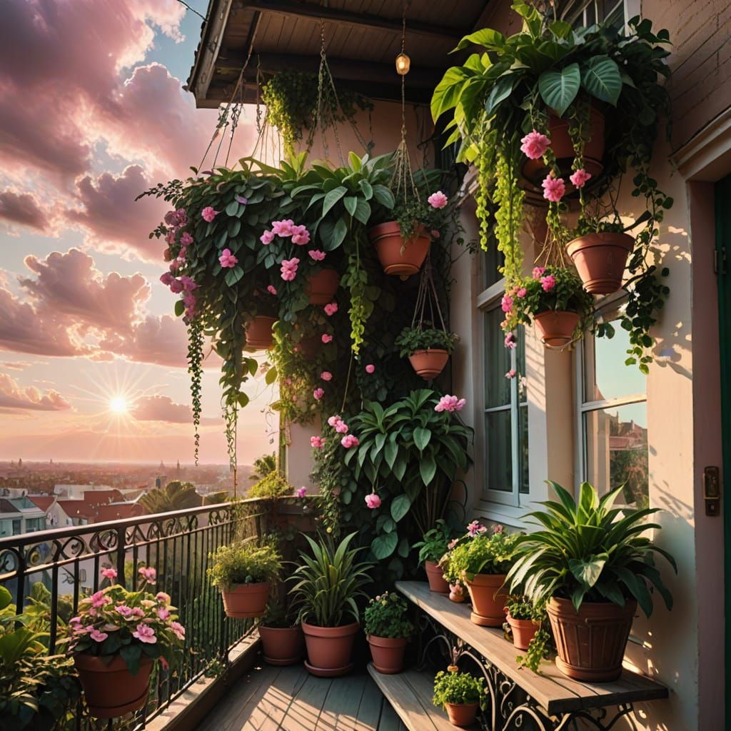 Mystic Sunset Balcony with Hanging Plants