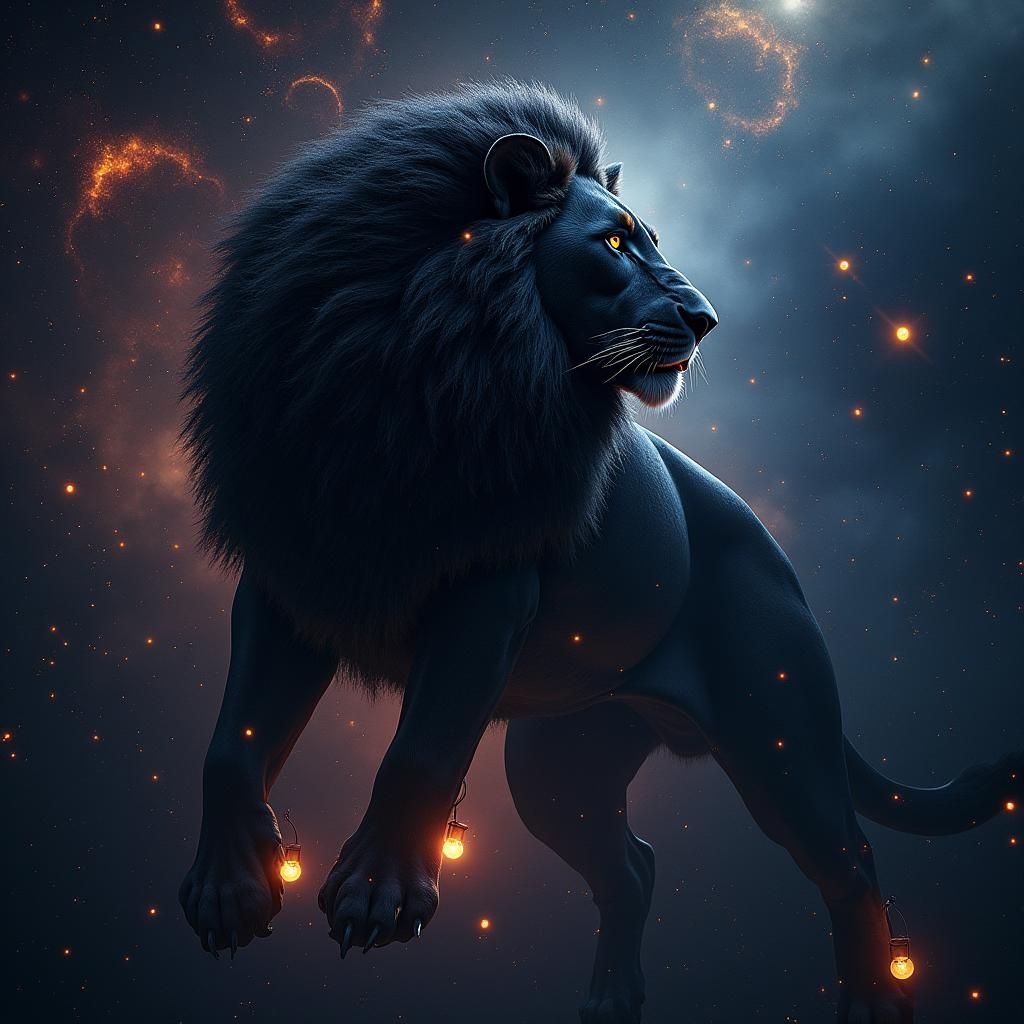 Black Lion Floating in Starry Nebula