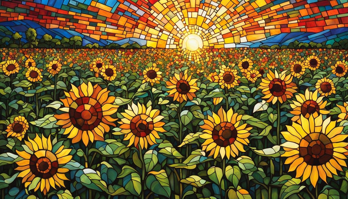 Stained Glass Sunflower Field Inspired by De Stijl