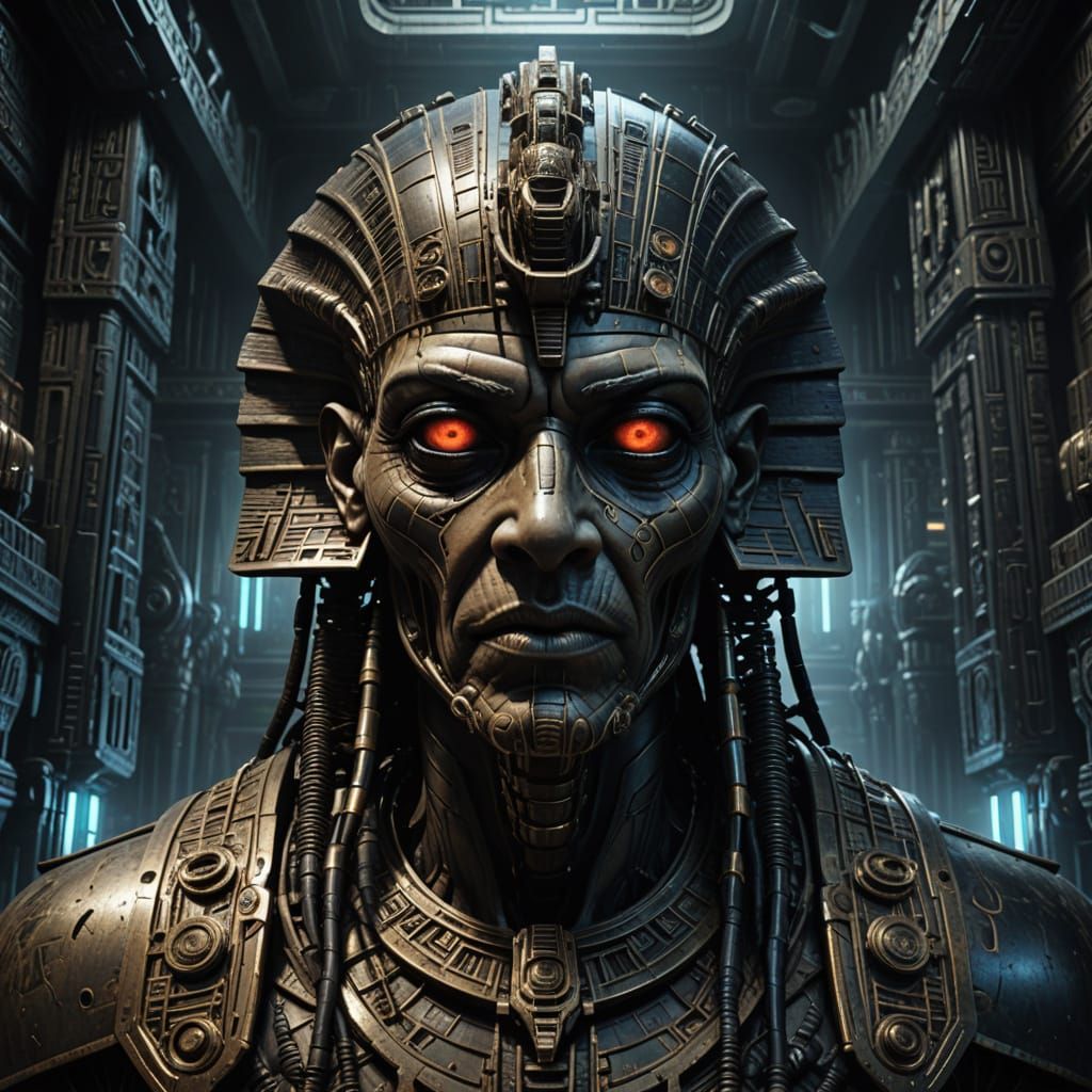 Cyberpunk Pharaoh Cyborg Standing in Futuristic Pyramid