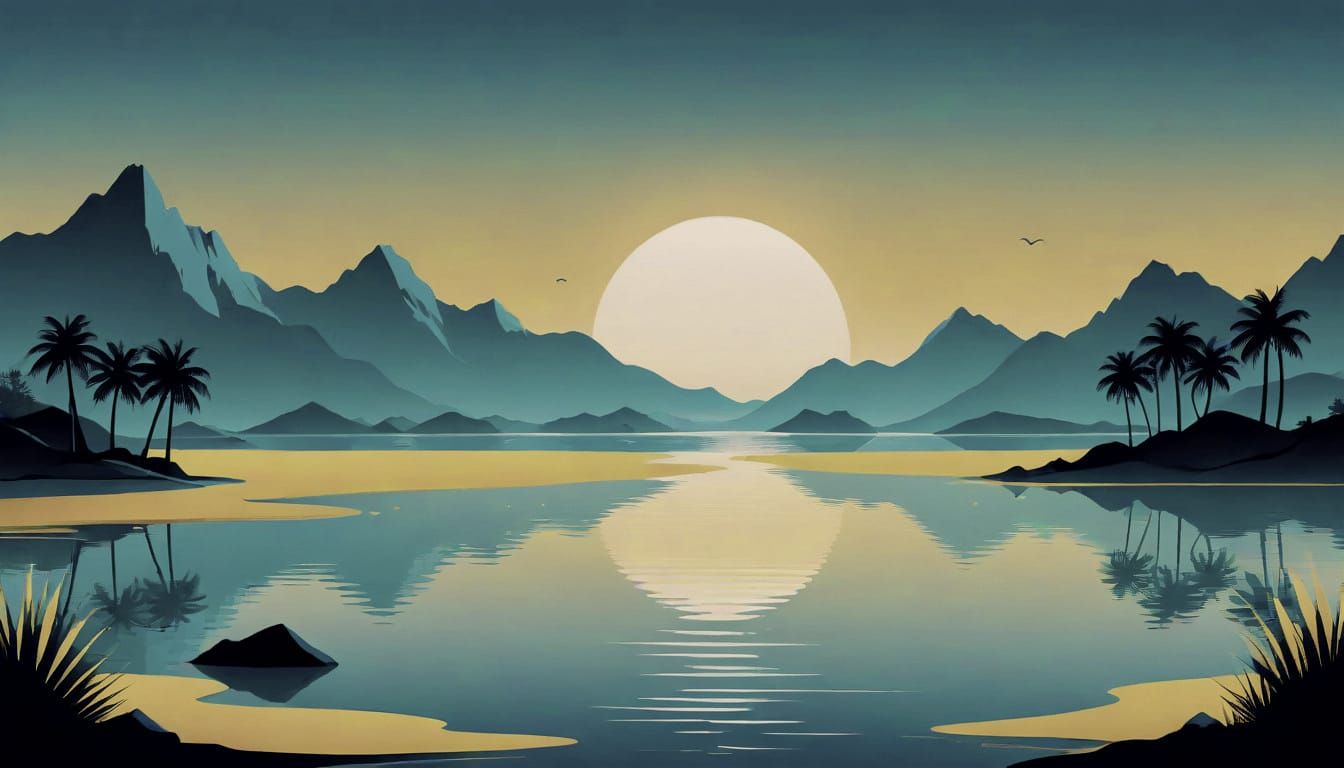 Minimalist Lagoon Landscape in Vibrant Yellow Blue Hues