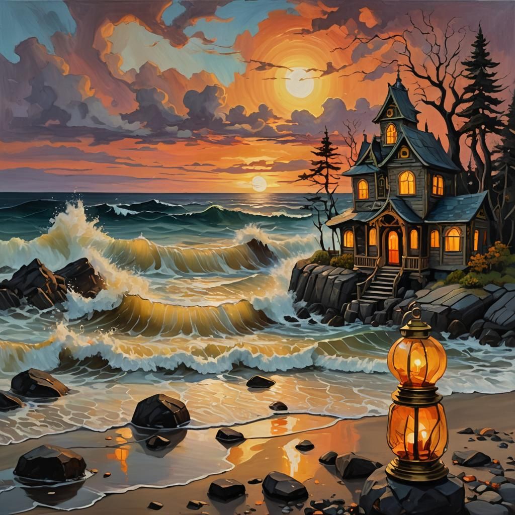 Haunted House in Glass Vase, Impressionist Oil Painting