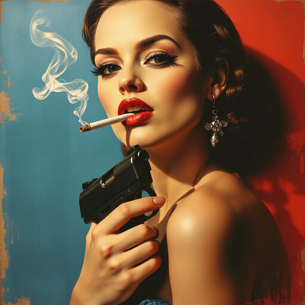 Vintage Airbrush Poster of Woman Smoking with Pistol