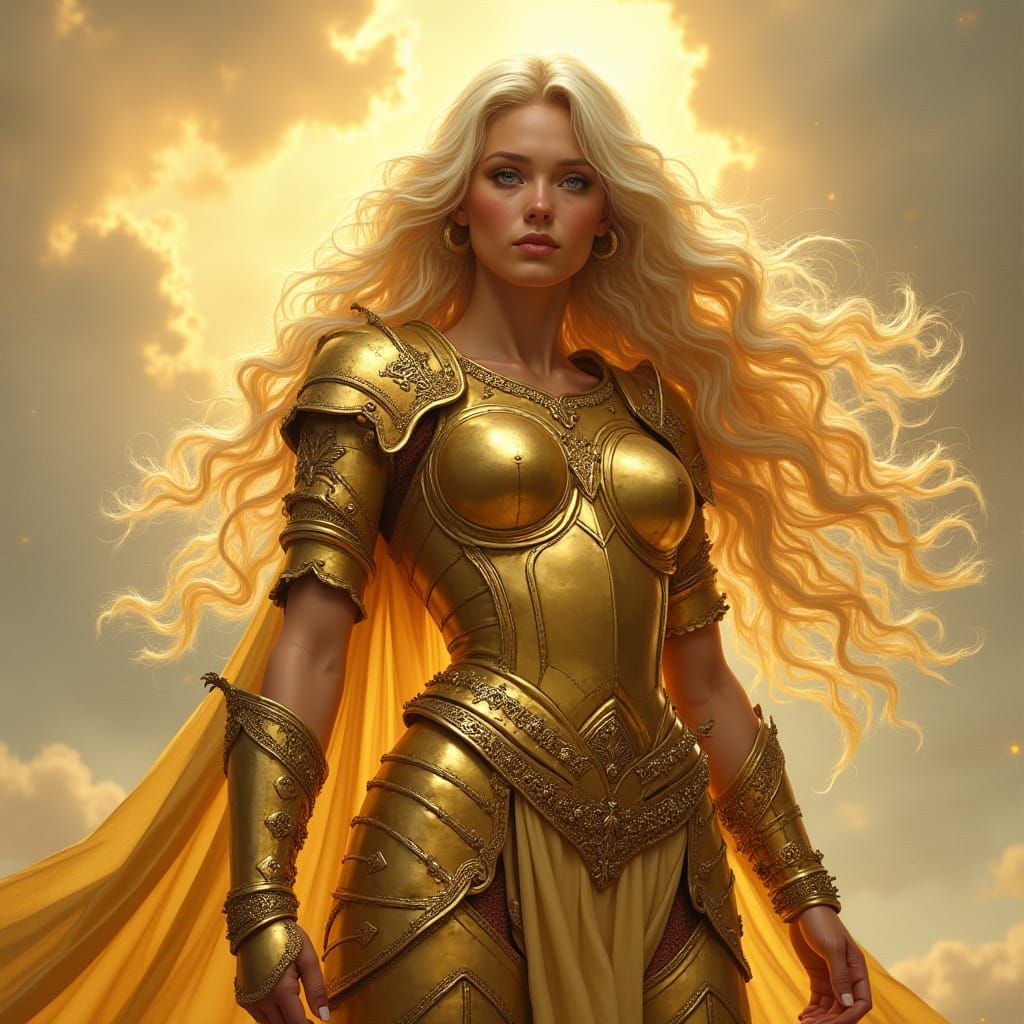 Radiant Blonde Giantess in Gold Armor