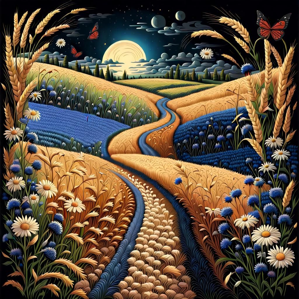 Cosmic Folk Art Path Through Wheat Field