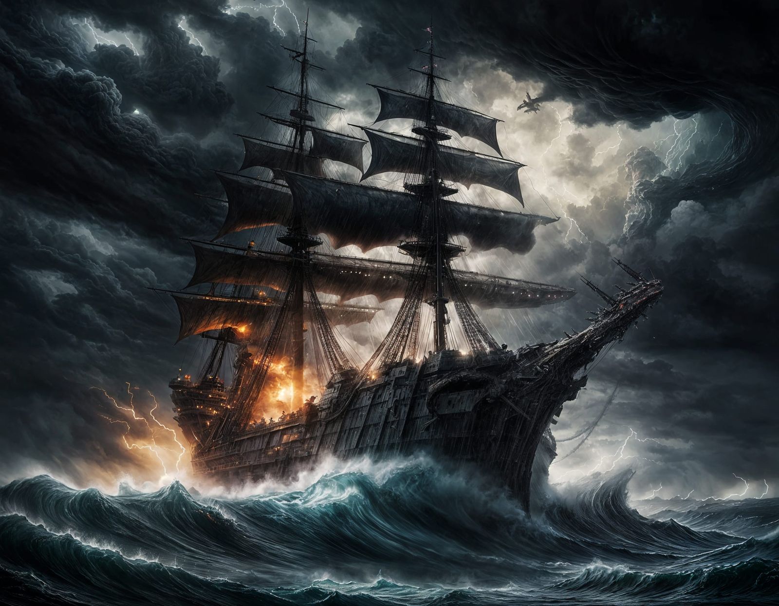 Navy Ship Battles Sea Monster in Dark Stormy Skies