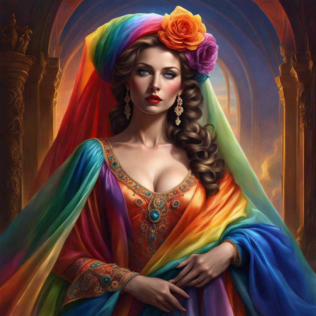 Rainbow Nightgown: Detailed Matte Painting of Glamorous Lady