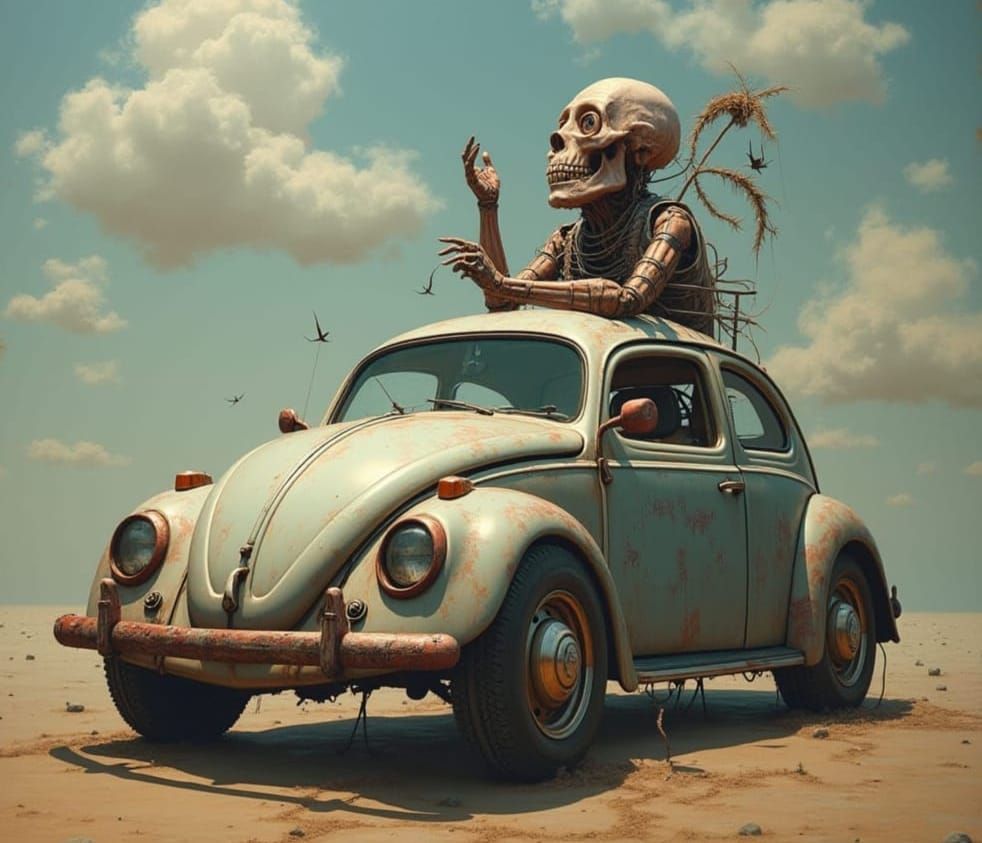 Cyborg VW Beetle with fleshy human parts
