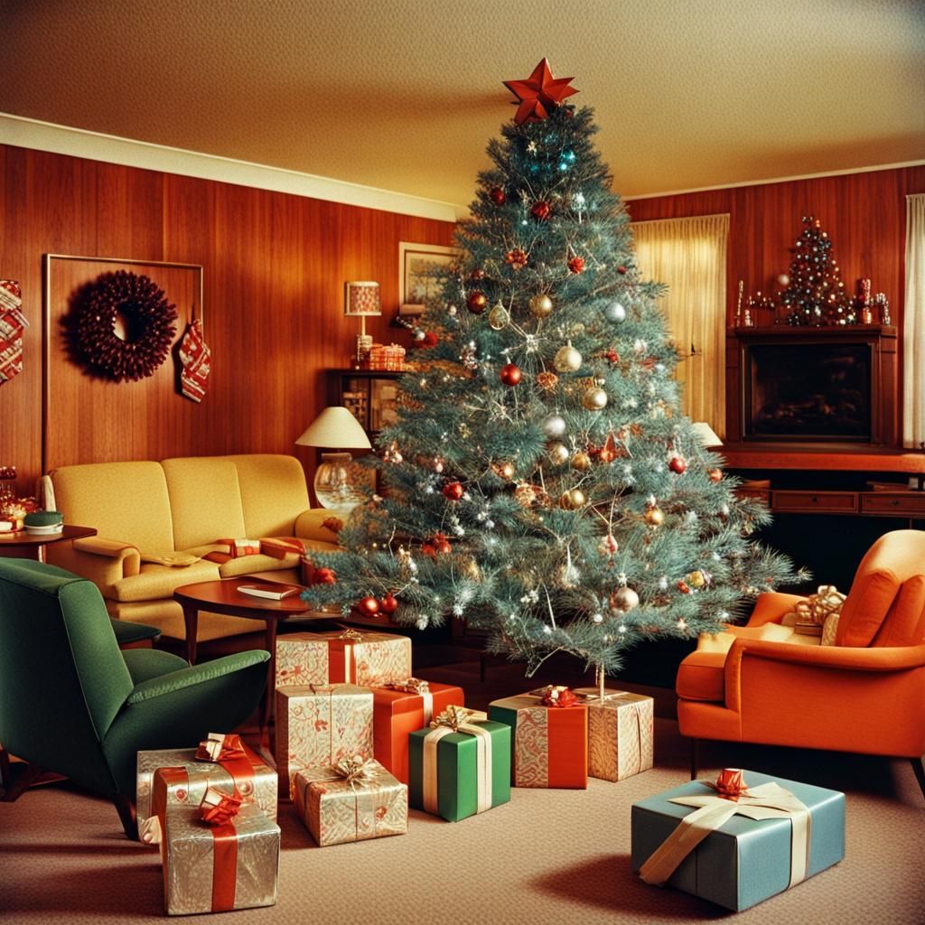 1970s Living Room with Aluminum Christmas Tree