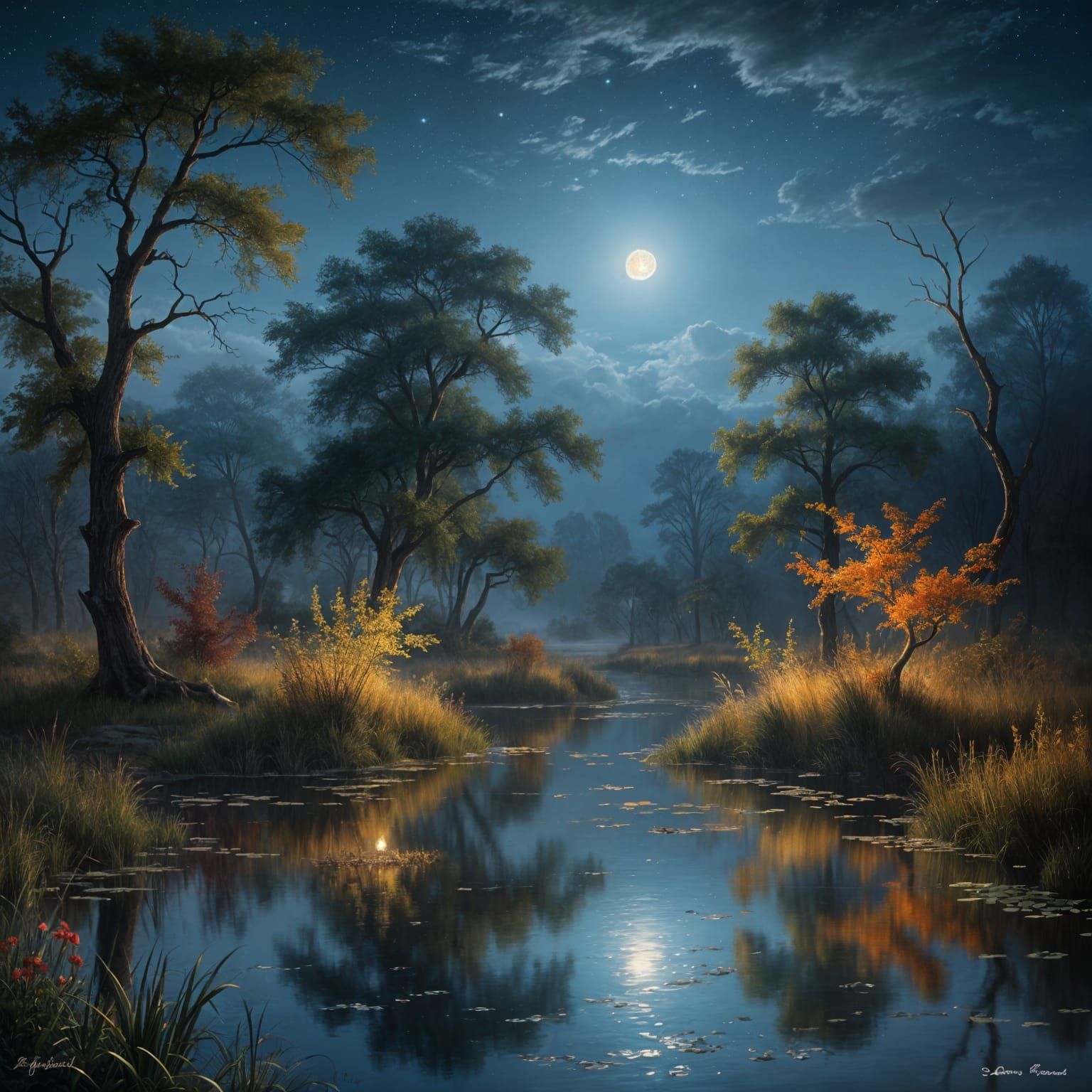 Neoclassical Moonlit Wetland Landscape