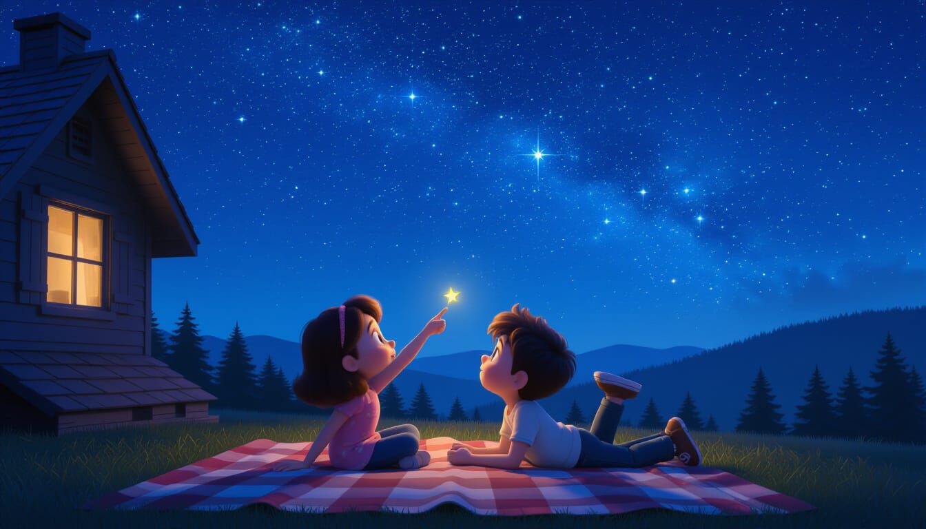 Children Stargazing on a Rooftop, Pixar Style