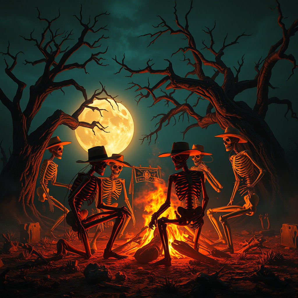 Ethereal Cowboy Skeletons Around Mystical Campfire