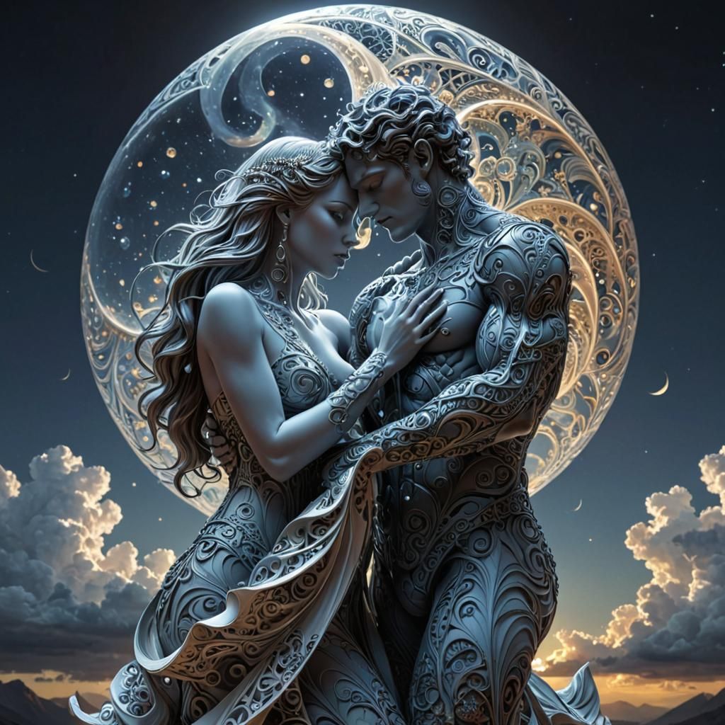 Crystalline Kissing Statues Under Full Moon