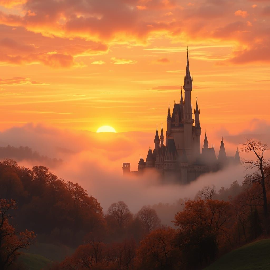 Surreal Sunset Kingdom with Castle and Gentle Fog