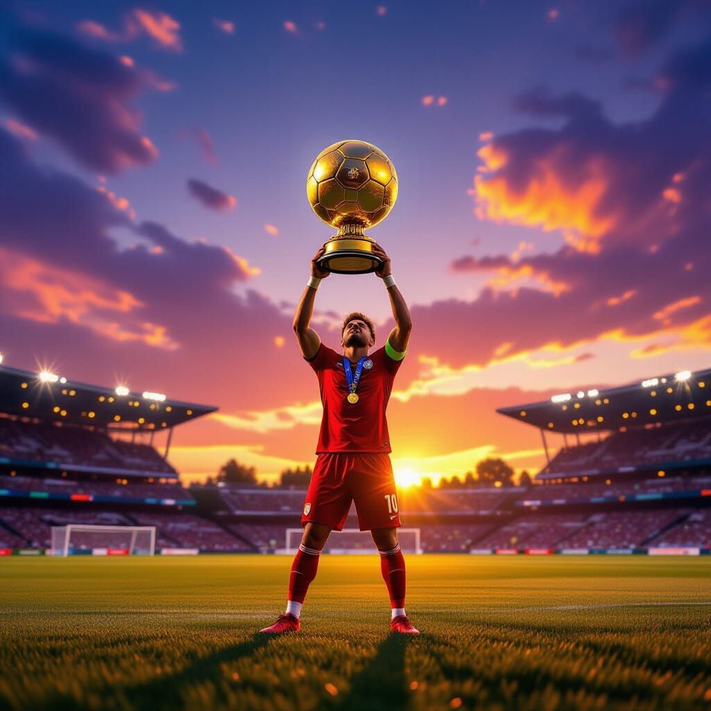 Soccer Player Holds Golden Ballon d'Or Trophy At Sunset